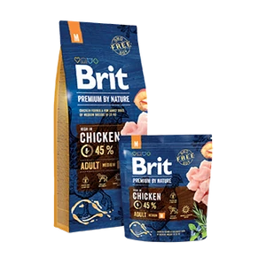 Teljes értékű kutyatáp Brit Premium by Nature közepes testű felnőtt kutyának - csirke - 15kg