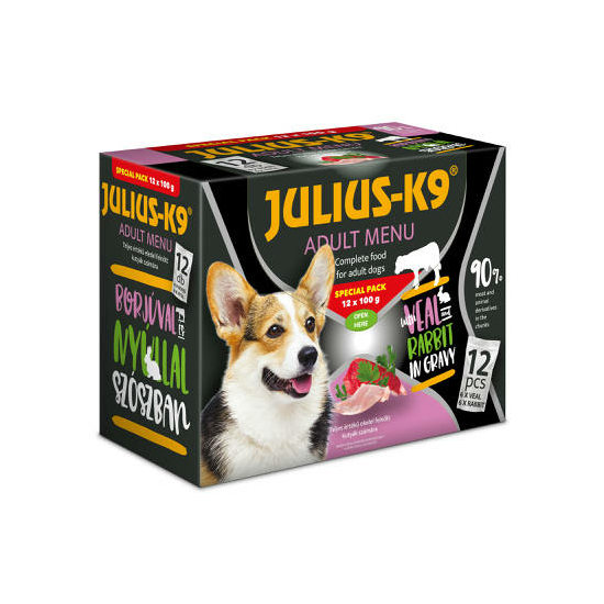 JULIUS K-9 Veal and Rabbit válogatás szószban kutyáknak (6x100gr borjú + 6x100gr nyúl)