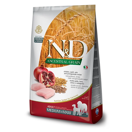 N&amp;D Ancestral Grain - csirke, tönköly, zab és gránátalma, adult medium/maxi - 12kg