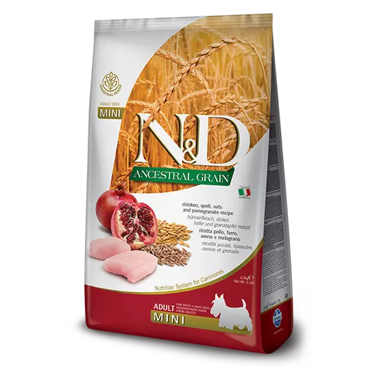 N&amp;D Ancestral Grain - csirke, tönköly, zab és gránátalma, adult mini - 2.5kg