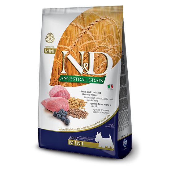 N&amp;D Ancestral Grain - bárány, tönköly, zab és áfonya, adult mini - 7kg