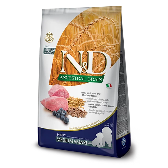 N&amp;D Ancestral Grain - bárány, tönköly, zab és áfonya, puppy medium/maxi - 12kg