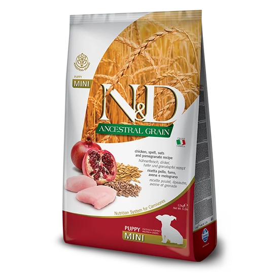 N&amp;D Ancestral Grain - csirke, tönköly, zab és gránátalma, puppy mini - 2.5kg
