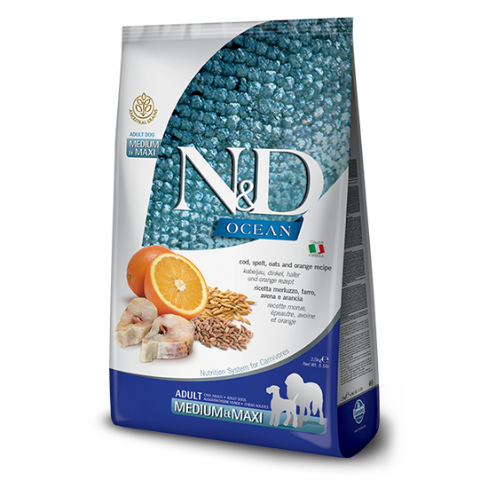 N&amp;D Dog Low Grain Ocean - tőkehal tönköly - Adult medium&amp;maxi - 2.5kg