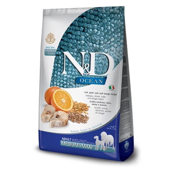 N&amp;D Dog Ocean Tőkehal, Tönköly, Zab, Narancs, Adult medium/maxi - 12kg