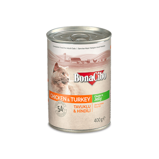 BonaCibo Cat Adult Chicken and Turkey Chunks in Jelly - csirke, pulyka - 400g