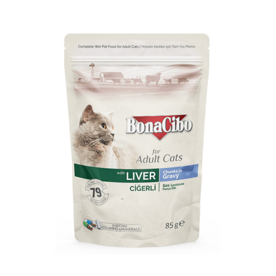 BonaCibo Cat Adult Liver Chunks in Gravy - máj - 400g