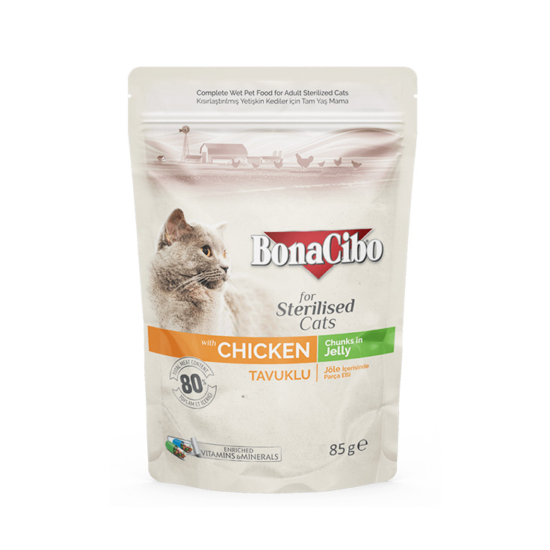 BonaCibo Pouch Cat Adult Sterilised Chicken Chunks in Jelly - csirke - 85g