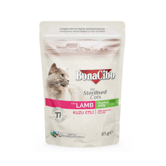BonaCibo Pouch Cat Adult Sterilised Lamb Chunks in Jelly - bárány - 85g