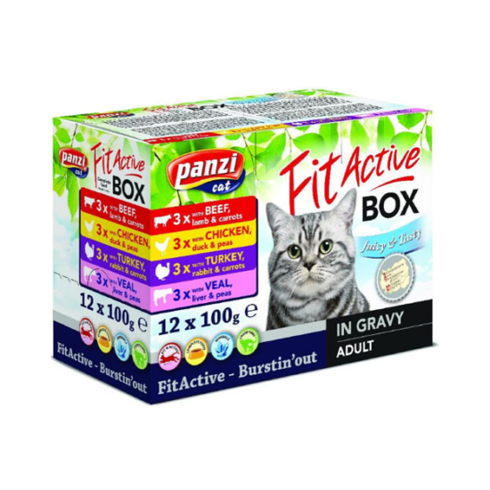 FitActive Cat Adult Fit-a-Box Beef-Chicken-Lamb-Veal felnőtt nedves macskatáp - 12x100g