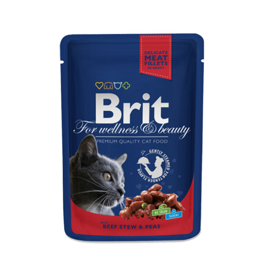 Brit Premium Cat Pouches Beef Stew with Peas - felnőtt nedves macskatáp - 24x100g