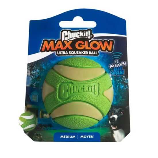 CHUCKIT Max Glow Ultra Squeaker fluoreszkáló, sípoló labda - M 6cm