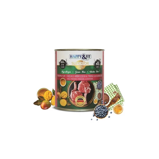 Happy&amp;Fit Superior Dog Konzerv marha, mangó - 800g