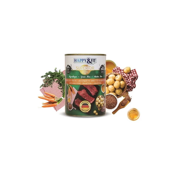 Happy&amp;Fit Superior Dog Konzerv Vaddisznó, burgonya - 400g