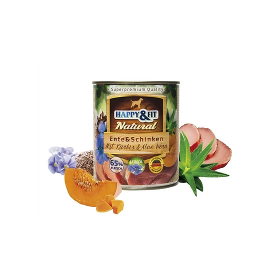 Happy&amp;Fit Natural Dog konzerv Kacsa, Sonka, Sütőtök - 800g
