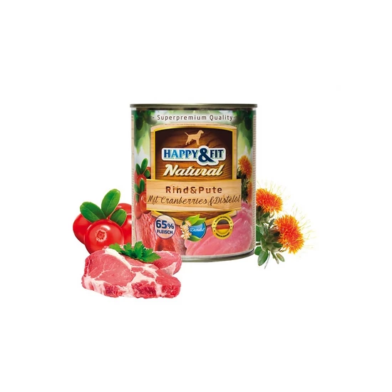 Happy&amp;Fit Natural Dog konzerv Marha, Pulyka, Áfonya - 800g